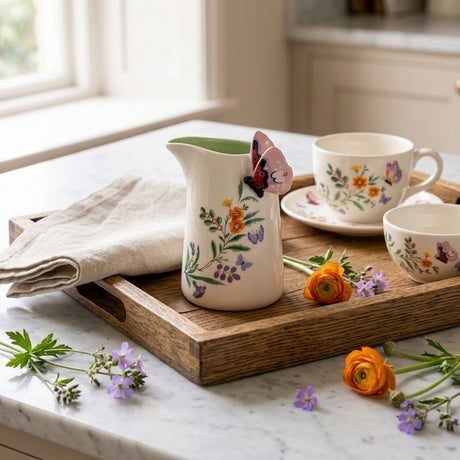 A small white ceramic pitcher decorated with colorful floral and butterfly motifs, featuring a pink butterfly perched on the spout, set against a plain white background.