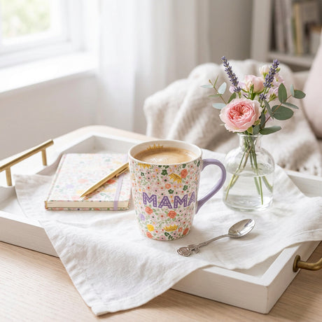 A white ceramic mug decorated with a colorful floral and crown pattern, featuring the word 'MAM' in purple letters on the front and a purple handle.