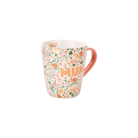 A ceramic mug with a dense floral pattern in pink, orange, and green on a white background, featuring the word 'MUM' in orange letters and a terracotta-colored handle.