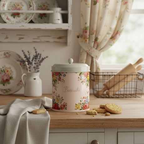 Floral-patterned cookie jar with 'Biscuits' text on a white background