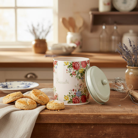 Floral-patterned cookie jar with a white lid on a white background