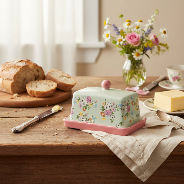 Decorative butter dish with floral pattern on a white background