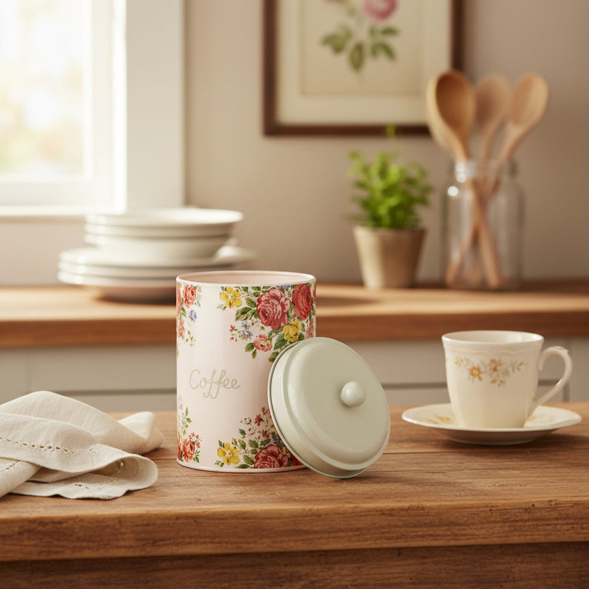 Floral-patterned ceramic coffee canister on a white background