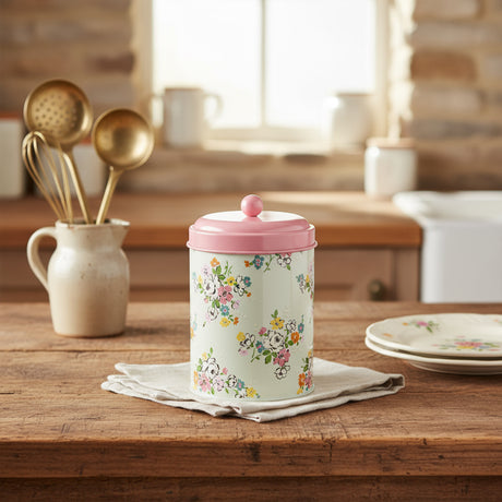 Floral-patterned jar with a pink lid on a white background