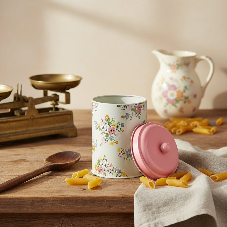 Decorative storage jar with floral pattern and pink lid on a white background