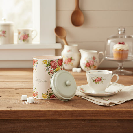 Floral-patterned storage jar with a white lid on a white background