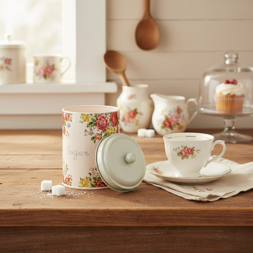 Floral-patterned storage jar with a white lid on a white background