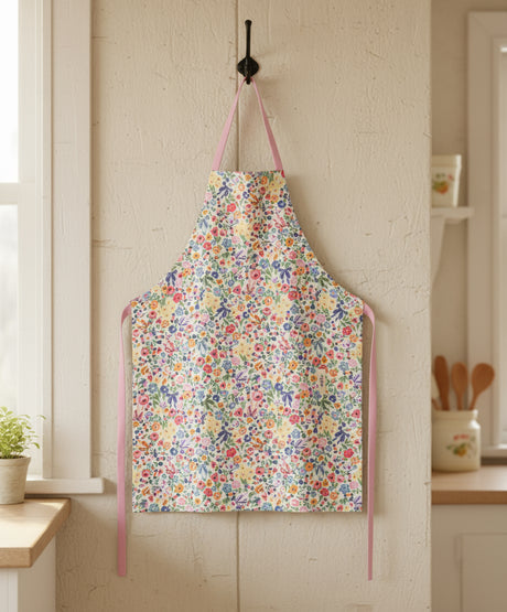 Floral apron with pink straps on a white background