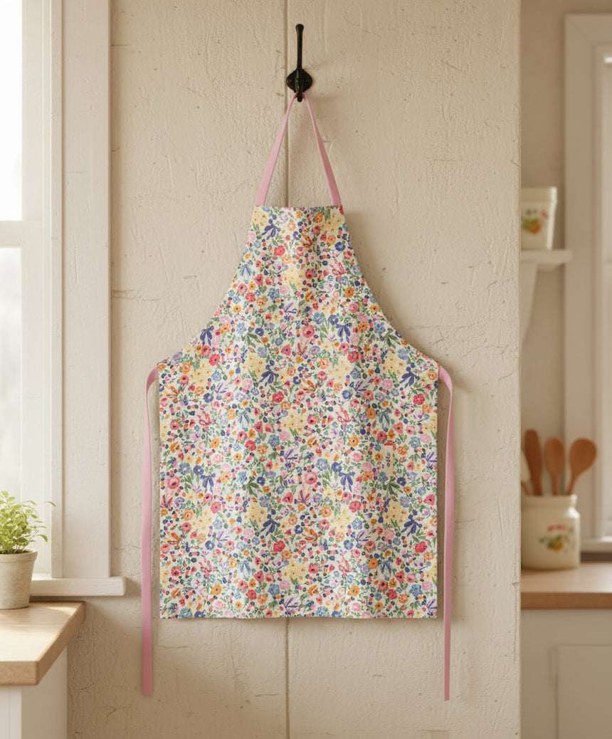 Floral apron with pink straps on a white background