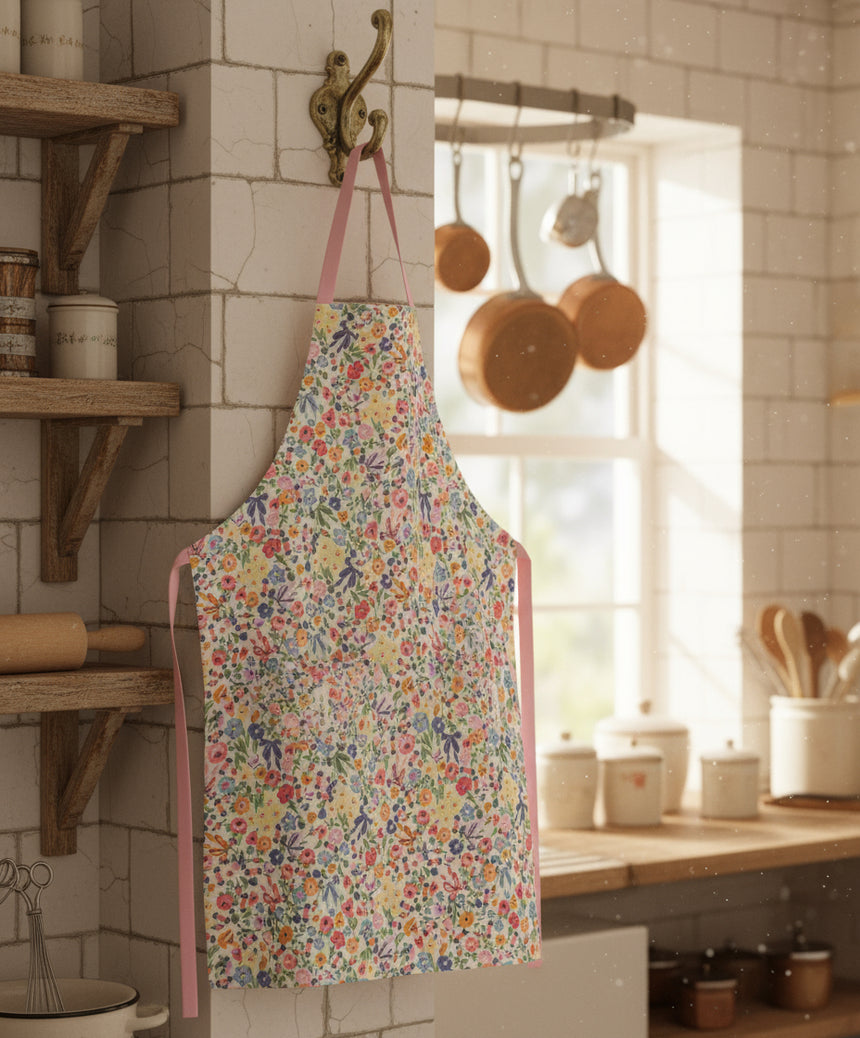 Floral apron with pink straps on a white background