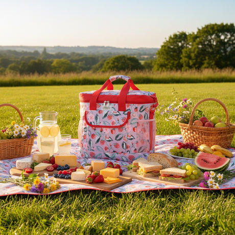 Floral-patterned  cooler bag with red accents on a light gray background