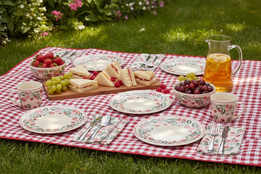 Four melamine  plates with floral designs on a white background