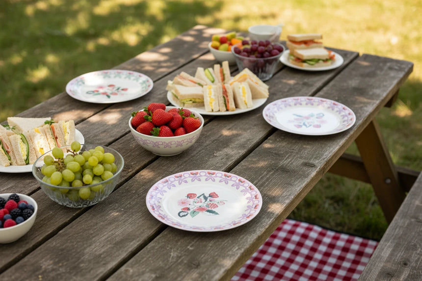 Four round melamine plates with floral designs on a white backgroun