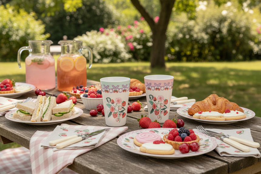 Set of four floral-patterned cups on a white background