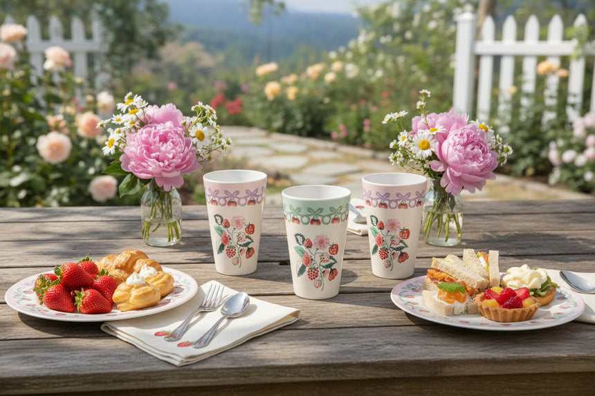 Set of four floral-patterned cups on a white background
