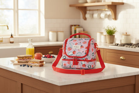 Floral-patterned lunch bag with red strap on a light beige background