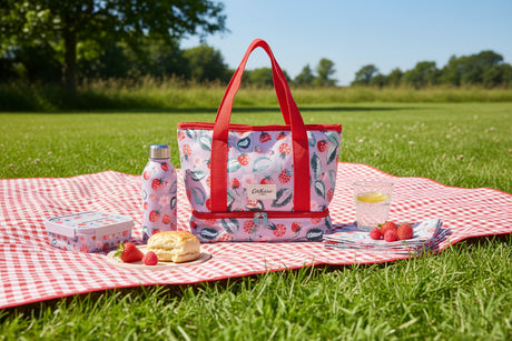 Tote bag with floral pattern and red handles on a light gray background