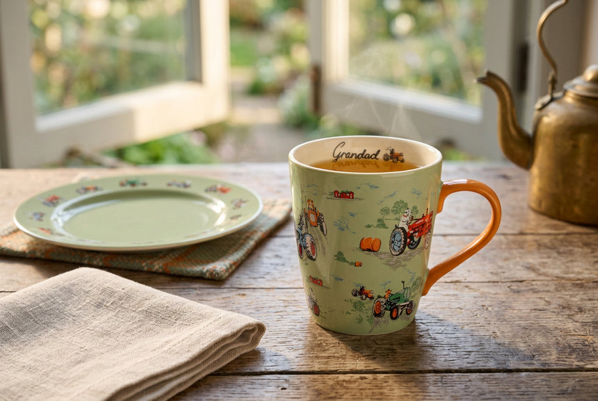A ceramic coffee mug with a light green background printed with various cartoon tractors and farm scenes, featuring an orange handle and the word 'Grandad' printed inside the rim.