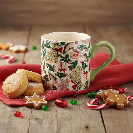 Mug with Christmas-themed design featuring trees, presents, and animals on a white background.