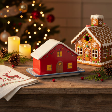 Red house-shaped ceramic  butter dish with a white base on a white background