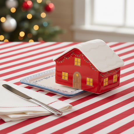 Red house-shaped butter dish with a matching lid on a white background