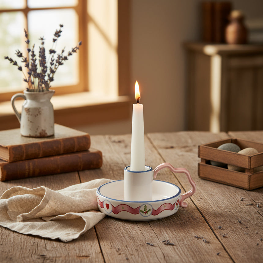 Ceramic candle holder with decorative handle on a white background