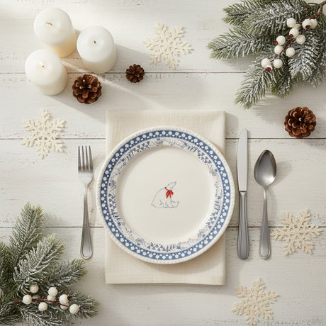 Round plate with a polar bear design and blue decorative border on a white background