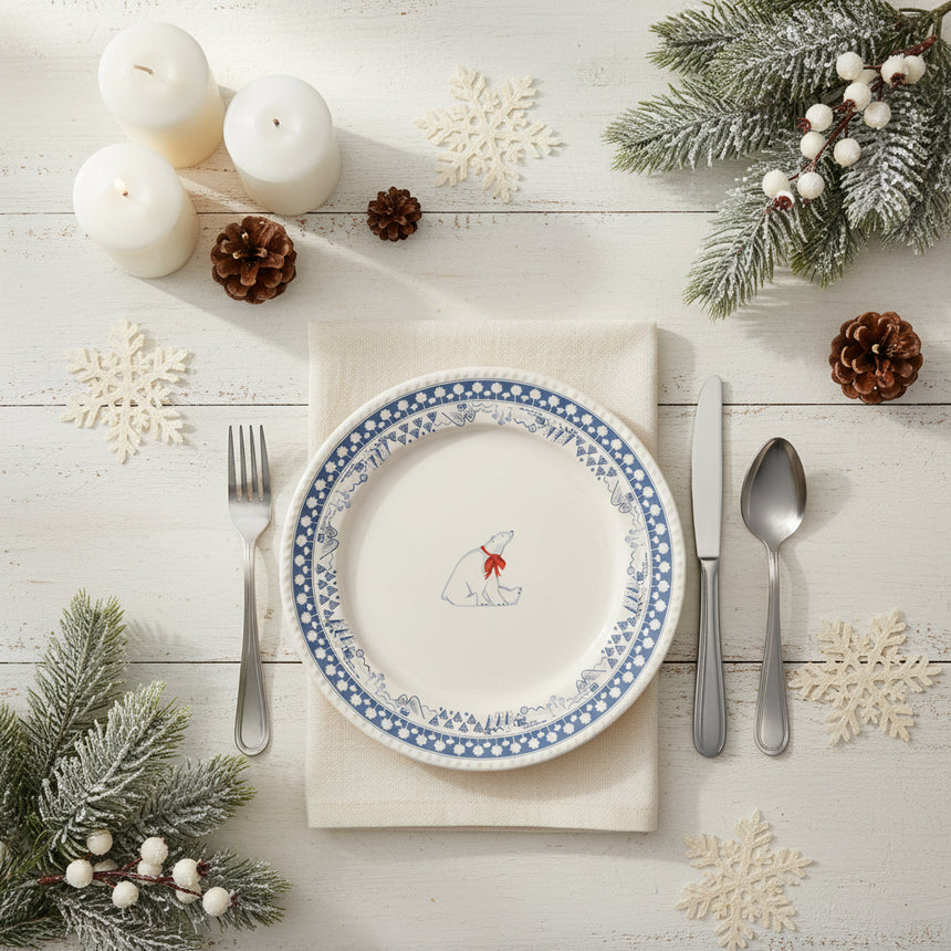 Round plate with a polar bear design and blue decorative border on a white background