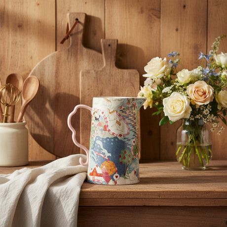 Colorful ceramic pitcher with animal design on a white background