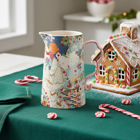 Colorful ceramic pitcher with a patterned design on a white background