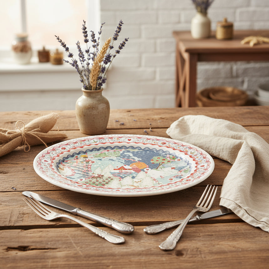 Round placemat with colorful design on a white background