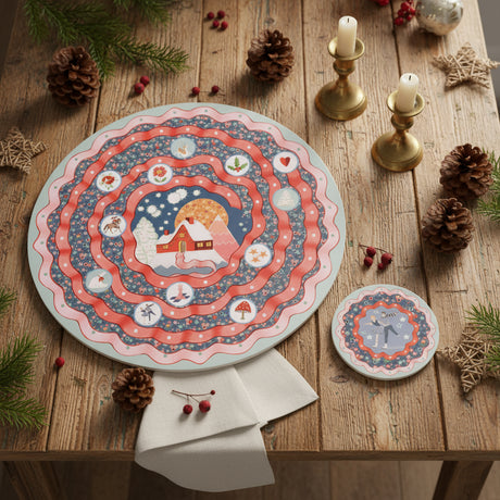 Decorative placemat & coast set with a winter scene design on a white background