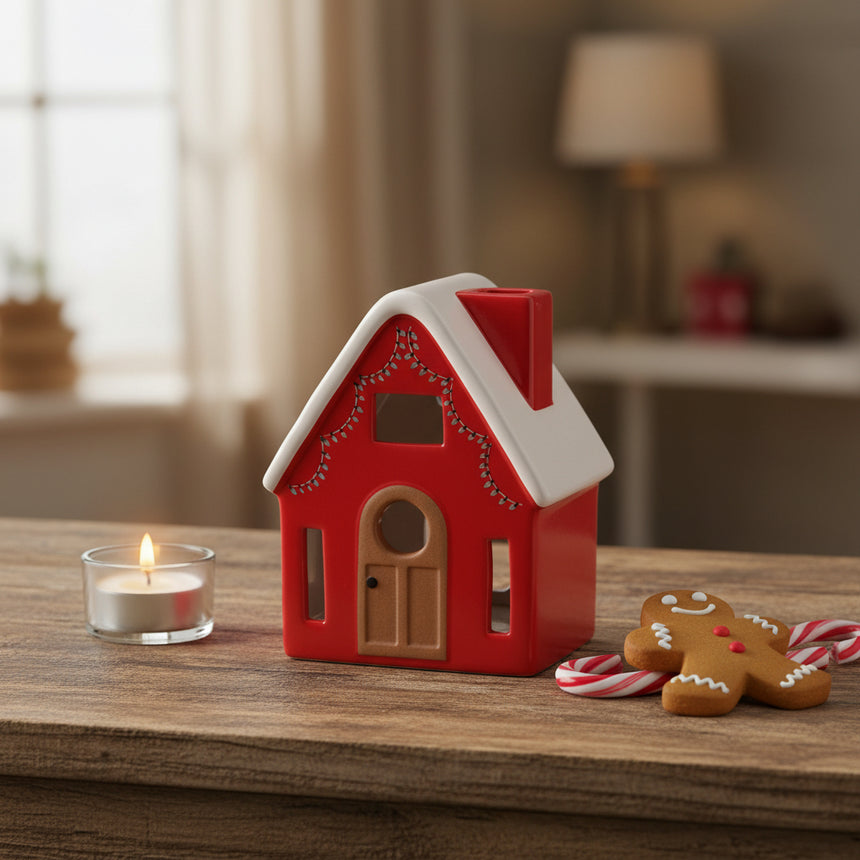 Red house-shaped tea lights holder with a white roof on a white background