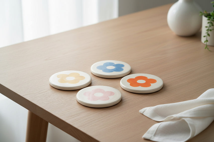 Four round coasters  with colorful flower designs on a white background