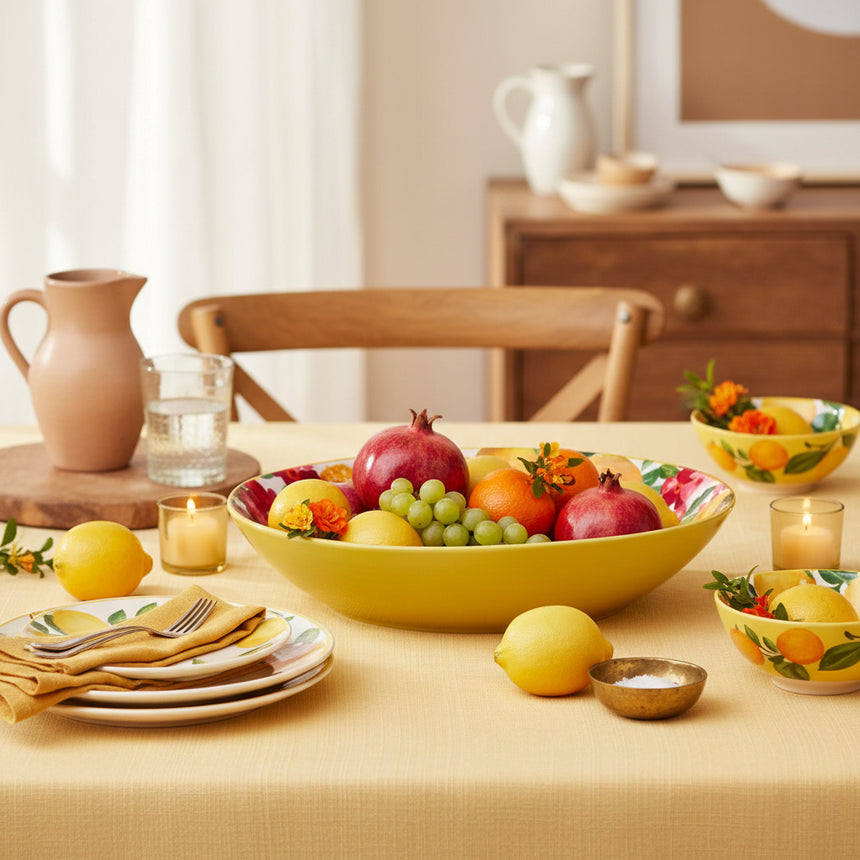 Yellow bowl with floral and fruit design on a beige background