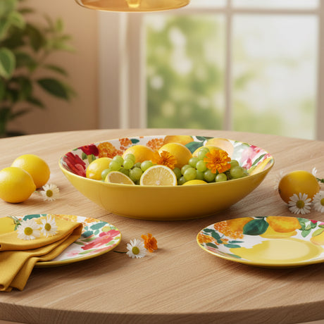 Yellow bowl with floral and fruit design on a beige background