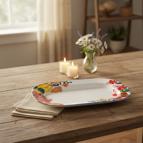 Decorative plate with floral and fruit design on a beige background