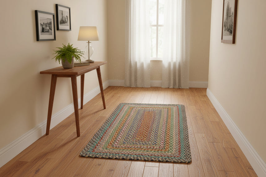 Multicolored braided rug on a white background