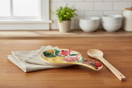 Decorative spoon rest with floral and lemon design on a white background