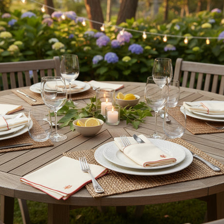 Beige napkin with red border and embroidered  lobster design on a white background