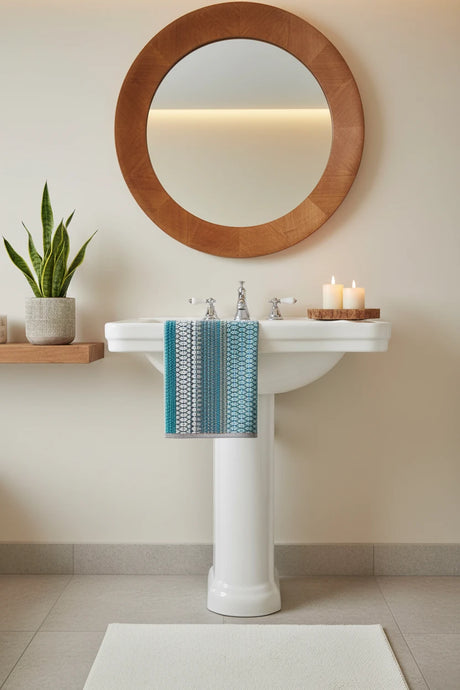 Rectangular towel with a geometric pattern on a white background
