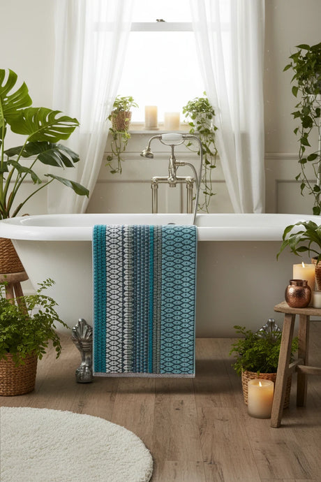Rectangular  towel with a geometric pattern on a white background