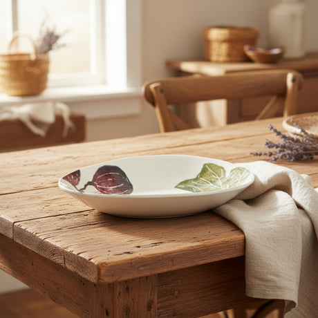 White ceramic bowl with fig and leaf design on a white background
