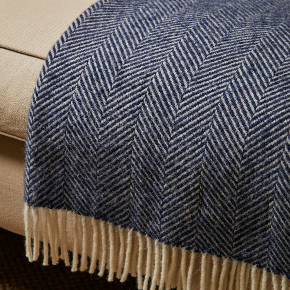 Tweedmill Fishbone Pure New Wool Throw, Navy