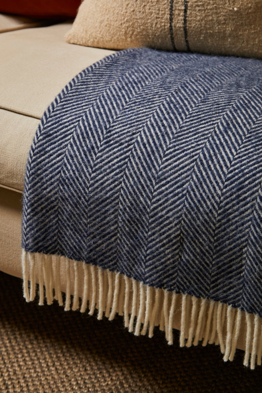 Tweedmill Fishbone Pure New Wool Throw, Navy