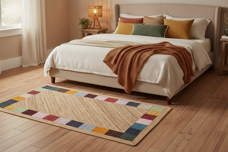 Beige jute rug with multicolored border on a white background