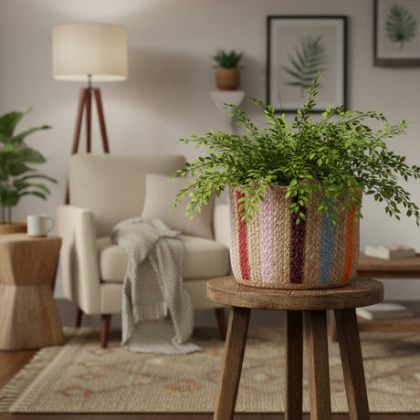 Woven basket with colorful striped pattern on a light gray background