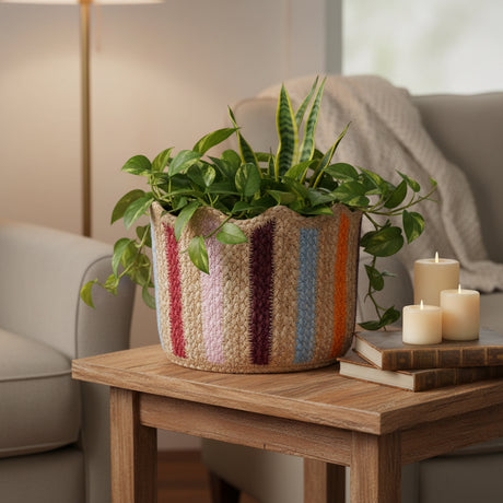 Woven basket with colorful striped pattern on a light gray background