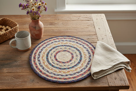 Round braided placemat with multicolor pattern on a white background