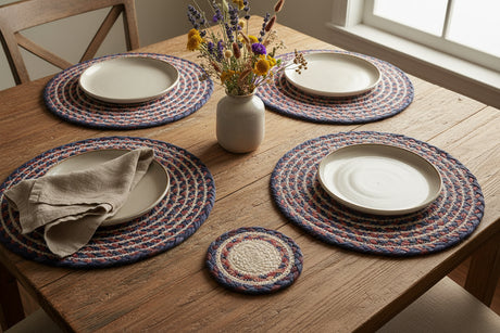 Round woven coaster with concentric circle pattern on a white background